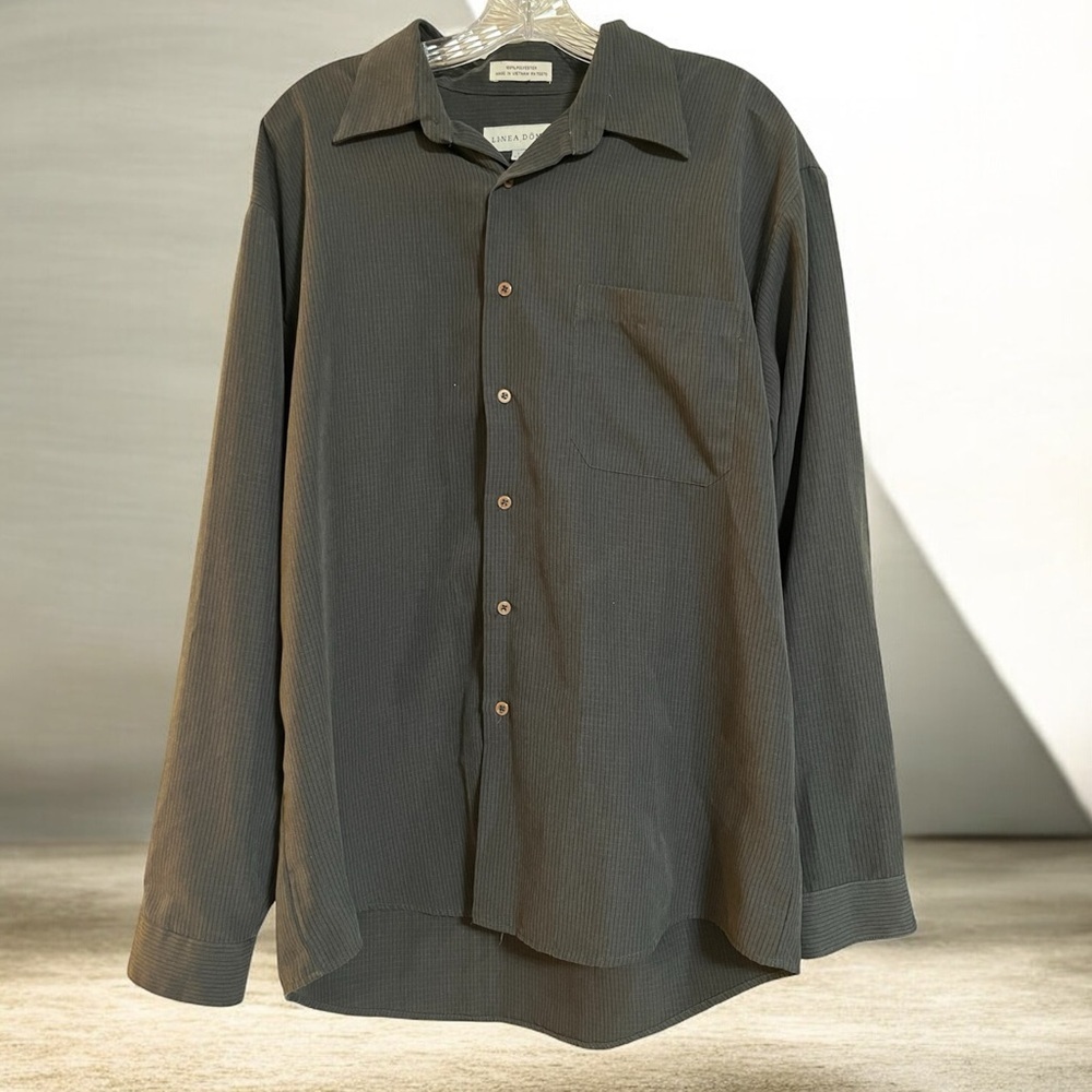 LINEA DOME Men's Dark Grey with Black Stripe Button Up Size L 16-16 1/2